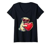 Mujer Meme Retro de Pug Vintage con Forma de corazón de Perro, Vida Juvenil, papá, mamá Camiseta Cuello V