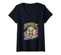 Mujer Memes Divertidos Aliens Citas Divertidas de alienígenas Cuidado con los Humanos Locos Camiseta Cuello V