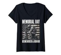 Mujer Memorial Day Remember and Honor Patriotic US Flag Camiseta Cuello V