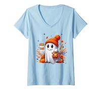 Mujer Men Women Autumn Cute Ghost Drinking Coffee Halloween Spooky Camiseta Cuello V
