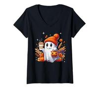 Mujer Men Women Autumn Cute Ghost Drinking Coffee Spooky Halloween Camiseta Cuello V