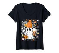 Mujer Men Women Autumn Cute Spooky Ghost Drinking Coffee Halloween Camiseta Cuello V