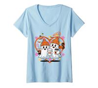 Mujer Men Women Autumn Spooky Halloween Cute Ghost Drinking Coffee Camiseta Cuello V