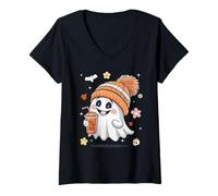 Mujer Men Women Kids Spooky Halloween Cute Ghost Drinking Coffee Camiseta Cuello V