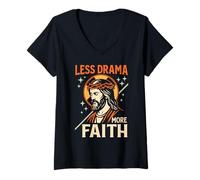 Mujer Menos Drama Más Fe Sassy Chill Christian Jesus Retro Art Camiseta Cuello V