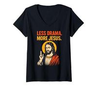Mujer Menos Drama Más Jesús Retro Vintage Christian Faith Art Camiseta Cuello V