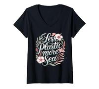 Mujer Menos Plástico Más Mar Protección del Medio Ambiente Mar Plástico Camiseta Cuello V