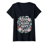 Mujer Menos Plástico Más Mar Protección del Medio Ambiente Mar Plástico Camiseta Cuello V