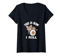 Mujer Mens Women Kid Kawaii How I Roll Sushi Brown Tabby Cat Lover Camiseta Cuello V