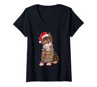 Mujer Men's Women's Cool Christmas Cat with Santa Claus Hat Fun Camiseta Cuello V