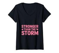 Mujer Mensaje de fe Cristiana más Fuerte Que la tormenta Camiseta Cuello V