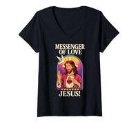 Mujer Mensajero del Amor Jesús Vibrante Vintage Christian Pop-Art Camiseta Cuello V