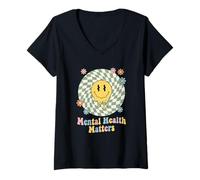 Mujer Mental Health Matters Groovy Ondulado Tablero de ajedrez Melting Smile Camiseta Cuello V