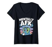Mujer Mentalmente AFK Socialmente Desconectado Divertido Ansiedad TDAH Humor Camiseta Cuello V