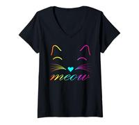 Mujer Meow Cute Cat Face Frase Divertida para Mujer Fan dei Gatti Camiseta Cuello V