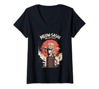 Mujer Meow-Sashi The Last Kitty Samurai Cat Japón Style Camiseta Cuello V