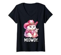Mujer Meowdy Cat Bachelorette Cowboy Cute Pink Cowgirl Funny Cat Camiseta Cuello V