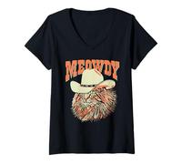 Mujer Meowdy! Funny Country Music Cat Cowboy Hat Vintage Camiseta Cuello V