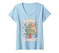 Mujer Meowy & Bright Christmas Cat Holiday Humor Camiseta Cuello V