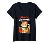 Mujer Meowy Christmas Cat Holiday Feline Amante Festividad Gatito Navideño Camiseta Cuello V