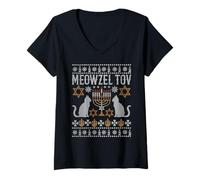 Mujer Meowzel Tov Mazel Tov Gato Feo Navidad Feliz Hanukkah Camiseta Cuello V