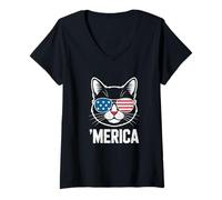 Mujer Merica Cat 4 Julio Independence Day America Patriot Camiseta Cuello V