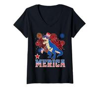 Mujer Merica Dinosaur T Rex Patriotic American Flag 4th of July Camiseta Cuello V