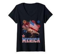 Mujer Merica Dinosaur T Rex Patriotic American Flag 4th of July Camiseta Cuello V