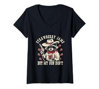 Mujer Mermelada de Fresa Pero mi Pistola no Mapache Salvaje Tonto desquiciado Camiseta Cuello V