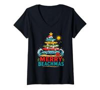 Mujer Merry Beachmas Playa Navidad Tabla De Surf Árbol Camiseta Cuello V