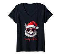 Mujer Merry Catmas Funny Christmas Cat Lover Camiseta Cuello V