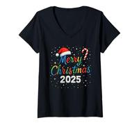 Mujer Merry Christmas 2025 Colorful Holiday Lights Family Matching Camiseta Cuello V
