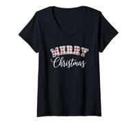 Mujer Merry Christmas Classic Vintage tee Tartán Patchwork Sweater Camiseta Cuello V