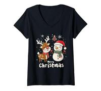 Mujer Merry Christmas - Muñeco de Nieve con diseño de Reno Camiseta Cuello V