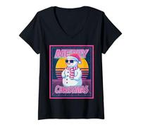 Mujer Merry Christmas Muñeco de Nieve Vintage Retro 80s Navidad Camiseta Cuello V