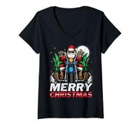 Mujer Merry Christmas Papá Noel Moto Abeto Rudolf Camiseta Cuello V
