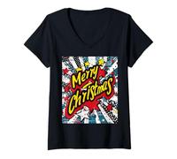 Mujer Merry Christmas Pop Art - Figura Decorativa, diseño navideño Camiseta Cuello V