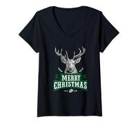 Mujer Merry Christmas Reno Caza Caza Cazador Navidad Divertido Camiseta Cuello V