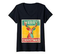 Mujer Merry Christmas Reno Vintage Retro 80s Navidad Xmas Camiseta Cuello V