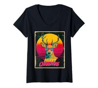 Mujer Merry Christmas Reno Vintage Retro 80s Navidad Xmas Camiseta Cuello V