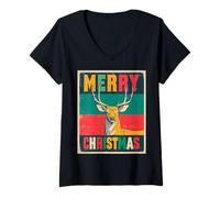 Mujer Merry Christmas Reno Vintage Retro 80s Navidad Xmas Camiseta Cuello V