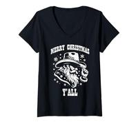 Mujer Merry Christmas Yall Santa Cowboy Xmas Country Hombres Mujeres Niños Camiseta Cuello V
