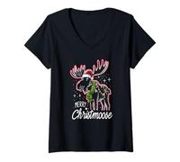 Mujer Merry Christmoose Christmas Moose Tree Lights Pajamas Camiseta Cuello V