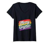 Mujer Merry Gaymas Christmas Santa Human LGBT Gay Pride Flag Xmas Camiseta Cuello V