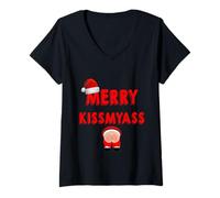 Mujer Merry KissMyAss Funny Santa Christmas Dirty Joke Camiseta Cuello V