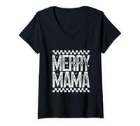 Mujer Merry Mama Christmas Mom Retro Checered Holiday Quote Camiseta Cuello V