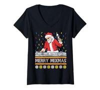 Mujer Merry Mixmas Funny Christmas DJ Santa Music Party Feo Camiseta Cuello V