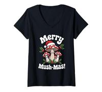 Mujer Merry Mush-mas Cottagecore Christmas Cozy Woodland Mycophile Camiseta Cuello V