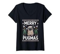 Mujer Merry Pugmas Dog Pug Xmas suéter Feo de Navidad Camiseta Cuello V