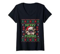 Mujer Merry Pugmas Dog Pug Xmas suéter Feo de Navidad Camiseta Cuello V
